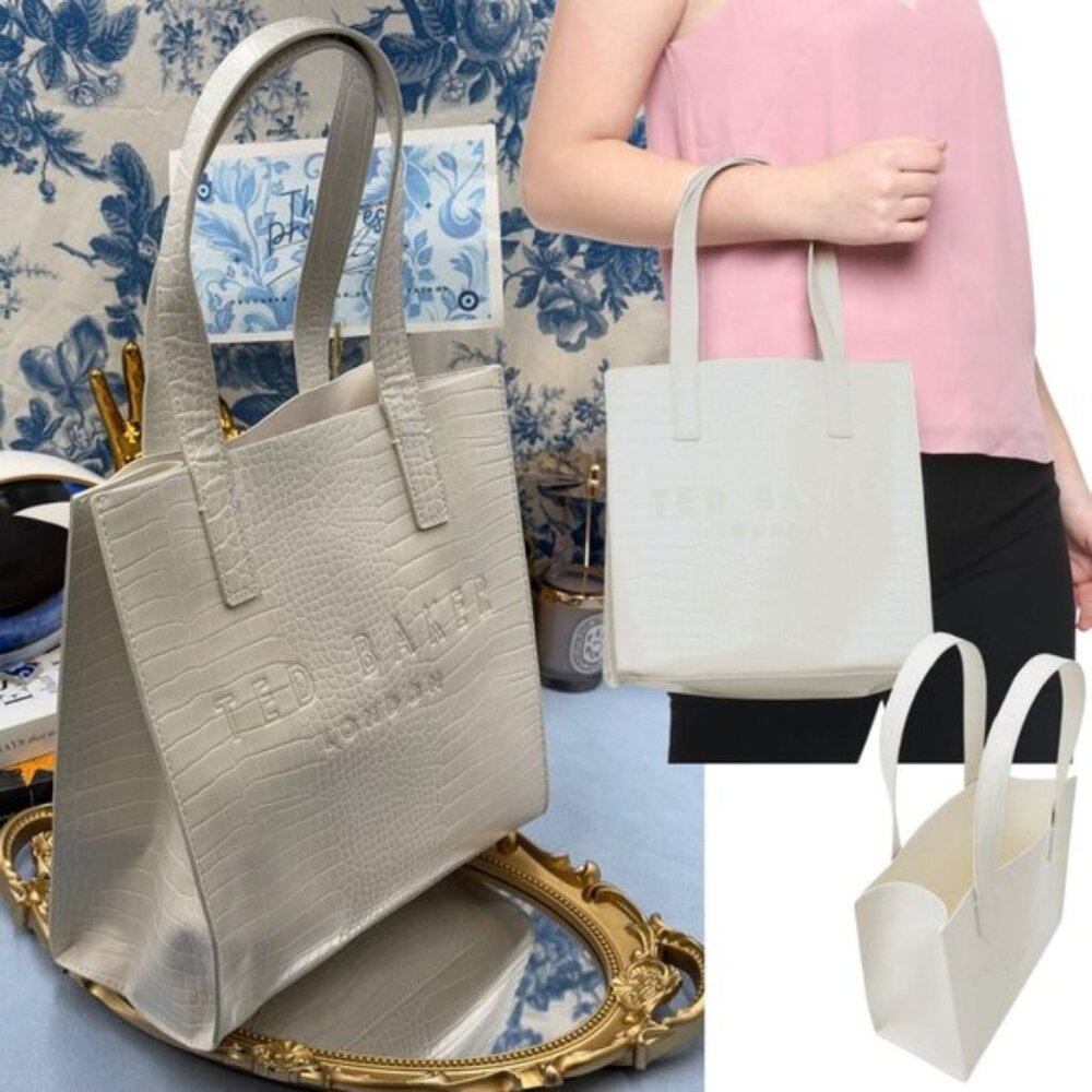 🆕 TED BAKER 🧿 NWOT REPTCON White Croc-Embossed Small Icon Tote Bag - Picture 1 of 15